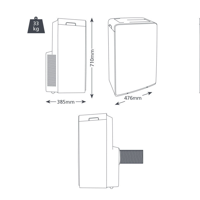 Aspen Pumps - Portable Air Conditioning Unit AX3009/1
Drawing with dimensions of portable air conditioning: H 710 mm x D 385mm x W476mm