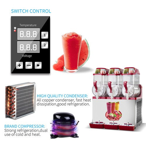 Bestfood SM312 Triple Barrel Slush Machine
Switch control
High quality condenser: All copper condenser, fast heat dissipation, good refrigeration
Brand compressor: strong refrigeration, dual use of cold and heat
Sold by DS Refrigeration