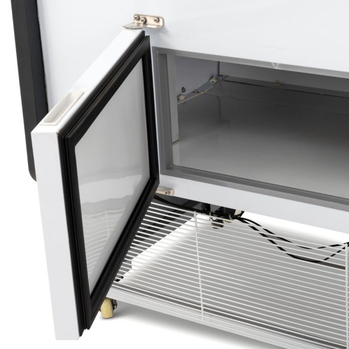 Blizzard BCG WH Curved Glass Serve Over Counters White Laminated
detail view of storage in the back - door opened