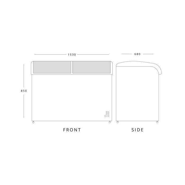 Blizzard BDF Curved Glass Lid Freezer
Drawing of BDF52 - Dimensions of front and side