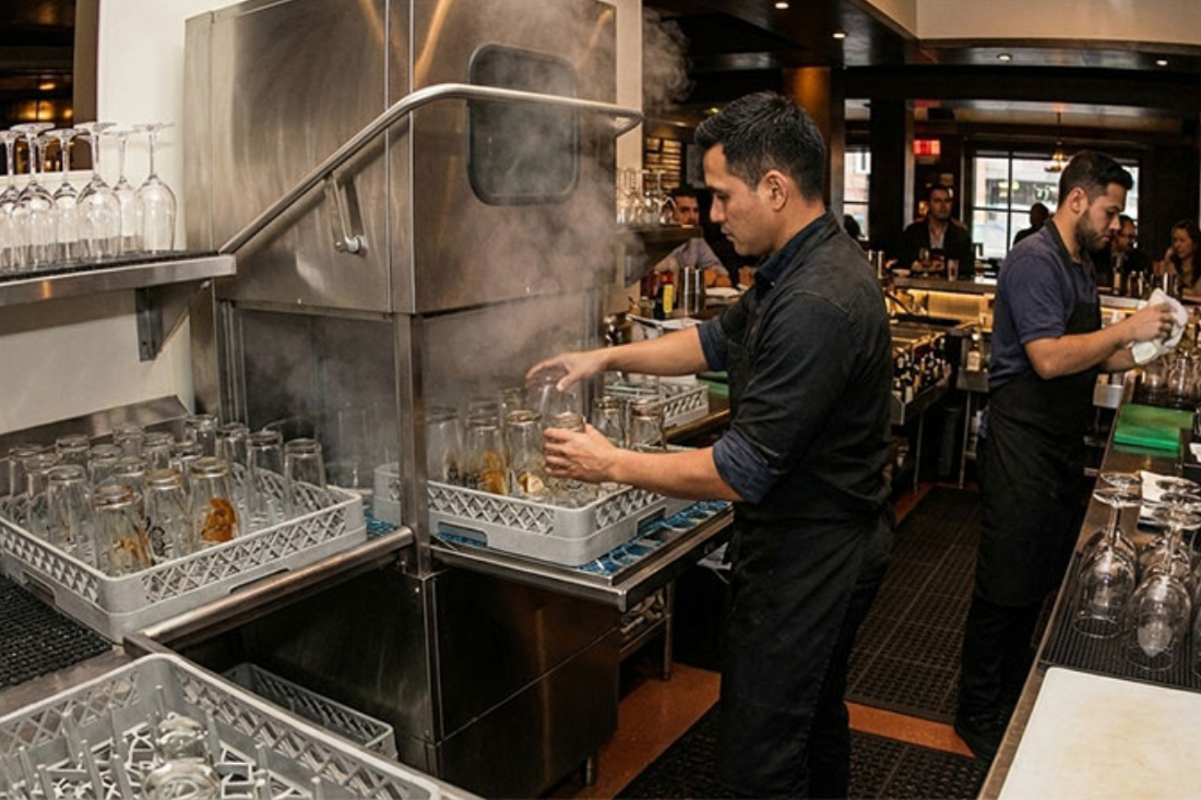 Commercial glasswasher in a busy bar showing signs it's time for replacement