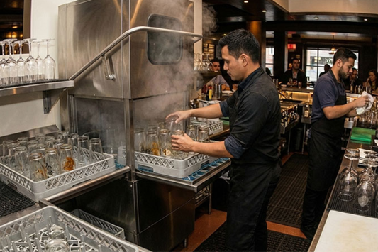 Commercial glasswasher in a busy bar showing signs it's time for replacement